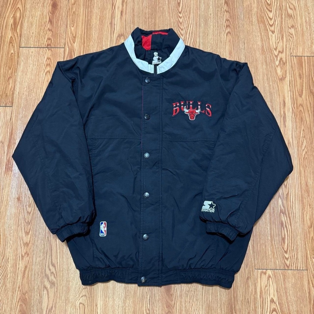 Chicago Bulls Men's Jacket Medium Starter Puffer Embroidered Black NBA Snap